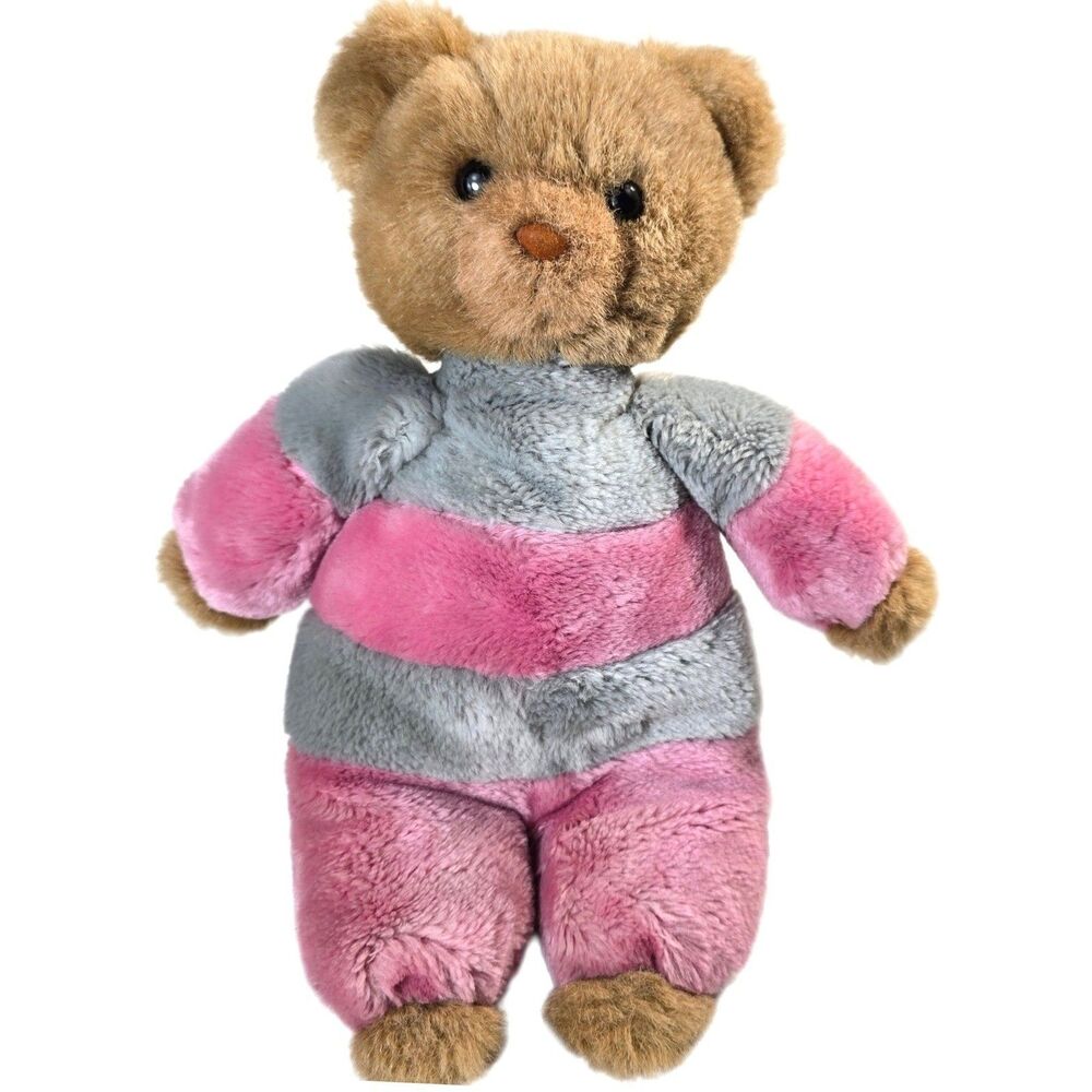 80s/90s VTG Applause Marzipan Bear Teddy Bear Plush Pink & Gray Striped 12"